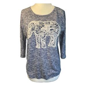 Aeropostale Embroidered Elephant Top Heather Blue Knit Crewneck 3/4 Sleeve M